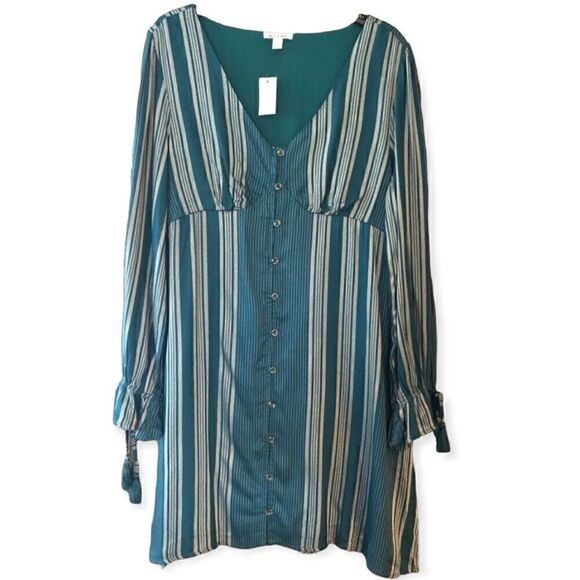 Miami Sz L NWT Green Stripe Empire Waist Button Accent Relaxed Fit Boho Dress - Picture 1 of 8